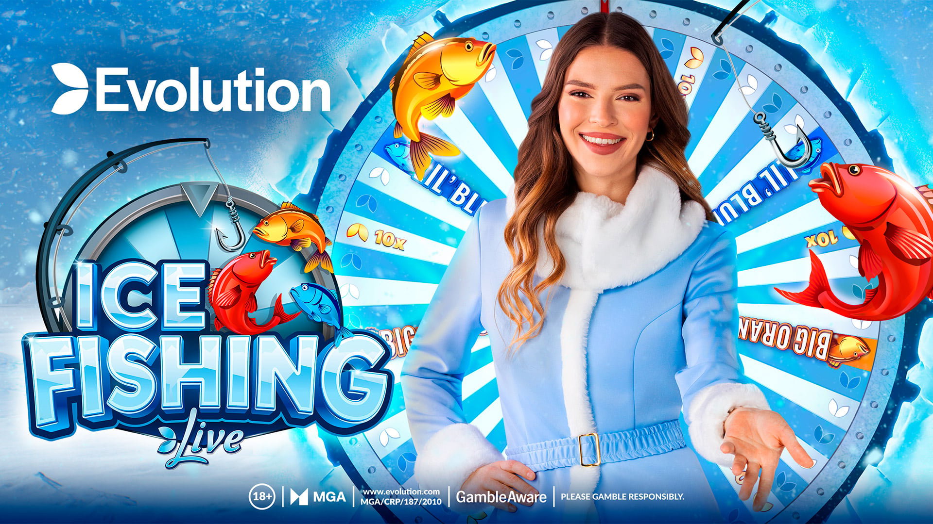 Ice Fishing Live by Evolution Gaming — presenter beside the Ice Fishing wheel on a winter tundra set