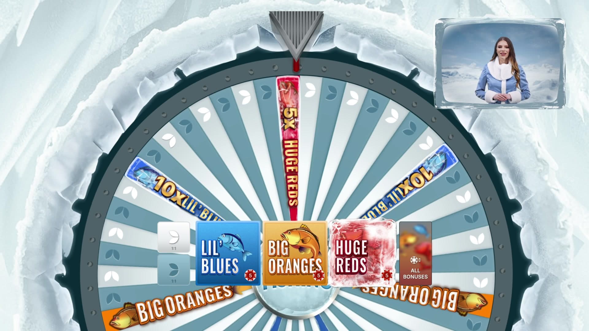Ice Fishing 53-segment wheel showing 10x multipliers and Lil' Blues, Big Oranges and Huge Reds bonus slots